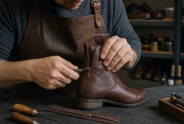 Sapateiro consertando o zíper de uma bota em seu espaço de trabalho.