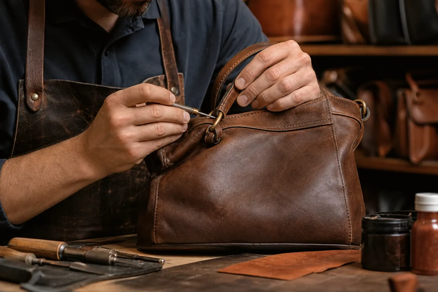 Sapateiro reparando e reformando uma bolsa de couro em sua oficina.