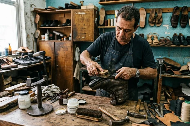 Sapatos sendo tratados com um produto impermeabilizante em uma oficina.